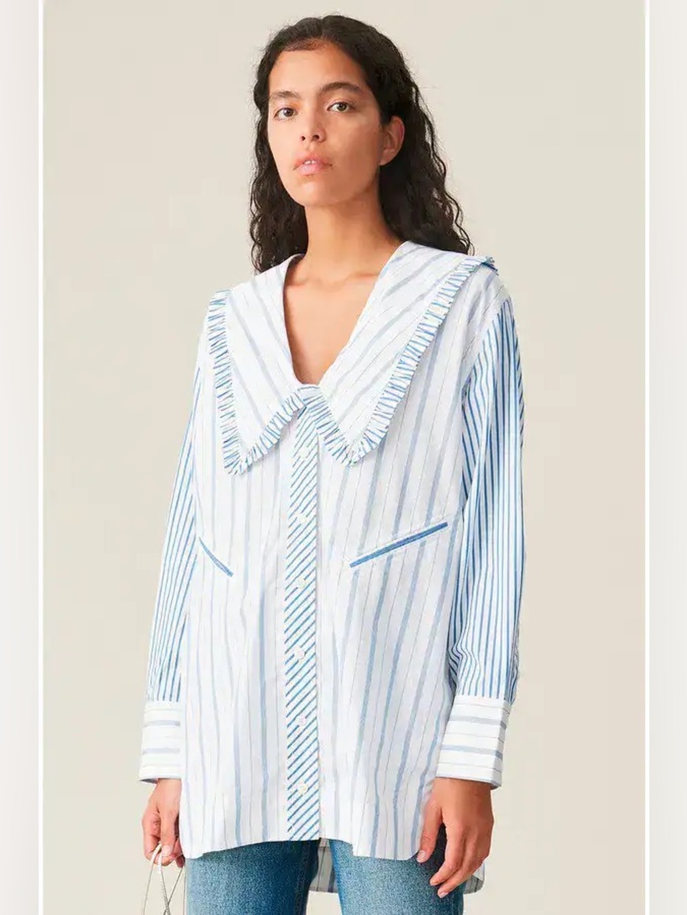 GANNI Striped Cotton Button-Up Blouse in Blue & White